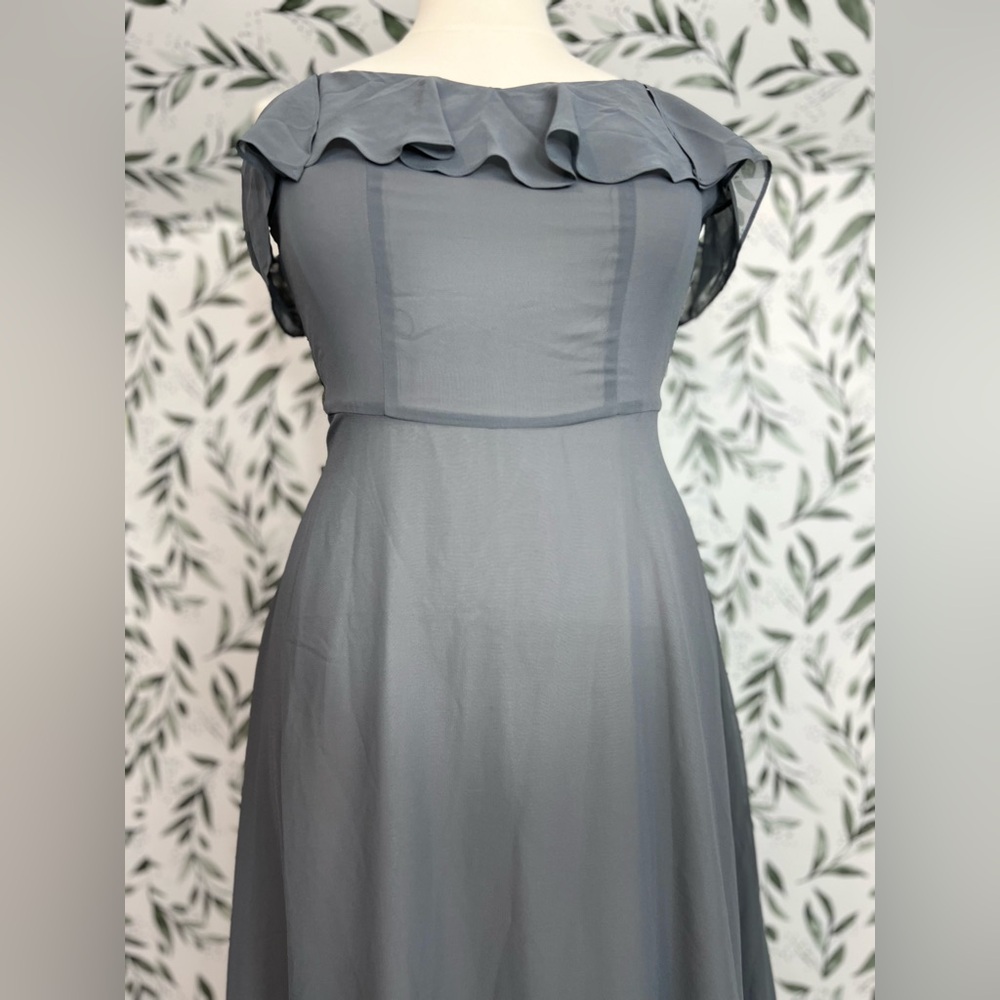 Gray Off-Shoulder Ruffle Formal Gown Maxi Dress Sz 14 L Evening Prom Wedding #4 - Picture 7 of 13